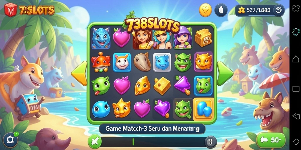Tampilan gameplay 738SLOTS dengan aksi Match-3 yang penuh warna.