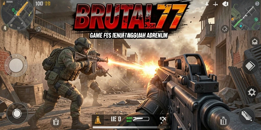 Screenshot utama BRUTAL77 menampilkan aksi gameplay FPS yang seru.