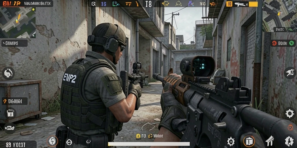 Tangkapan layar gameplay EVIP2 yang menunjukkan aksi tembak-menembak yang intens.