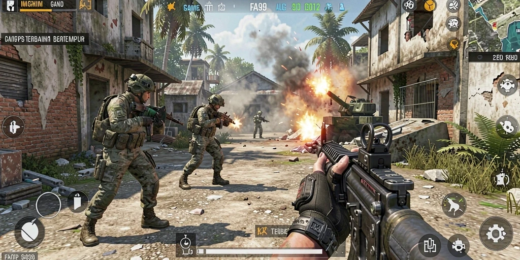 Screenshot gameplay FA99 menampilkan pertempuran seru dengan grafis menawan.