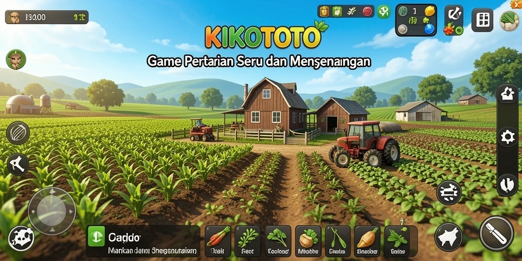 Tangkapan layar gameplay KIKOTOTO yang menunjukkan kebun yang subur dan aktivitas bertani.
