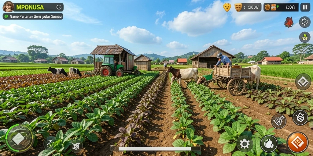Screenshot gameplay MPONUSA menampilkan lahan pertanian yang subur dan aktivitas bertani.
