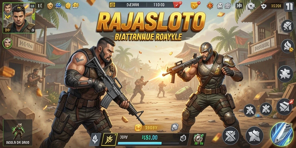 Screenshot gameplay surat utama RAJASLOTO menunjukkan pertempuran yang intens.