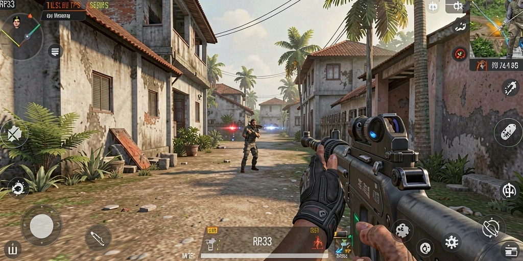 Screenshot gameplay RR33 menunjukkan aksi tembak-menembak yang intens.