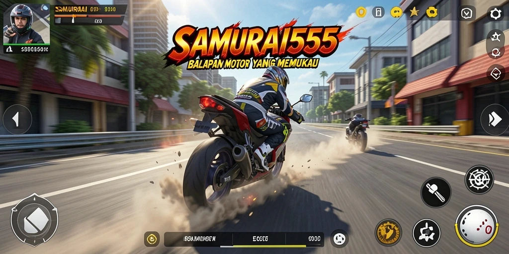 Screenshot gameplay menampilkan balapan motor yang seru di <strong>SAMURAI555</strong>.